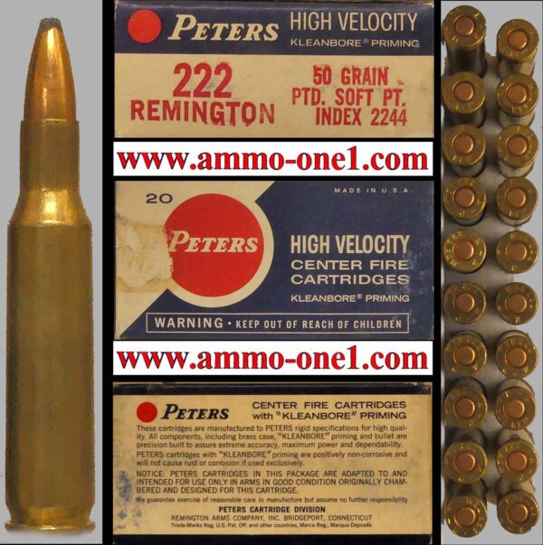 .222 remington by peters, box of 20 cartridges, box not mint, cartridge at mint with some *patina*,50 grain jsp, "r p" h/s.