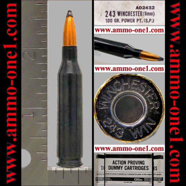 .243 winchester by winchester, "factory dummy", "winchester" h/s., jsp, *excellent*, one cartridge, not a box.