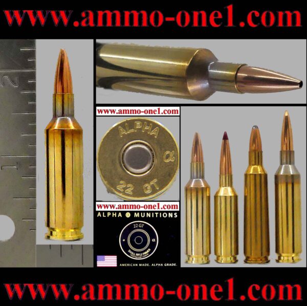 .22 gt (correct h/s) loaded with bthp bullet and brass by alpha munitions co., currently a wildcat or proprietary, one cartridge a box.