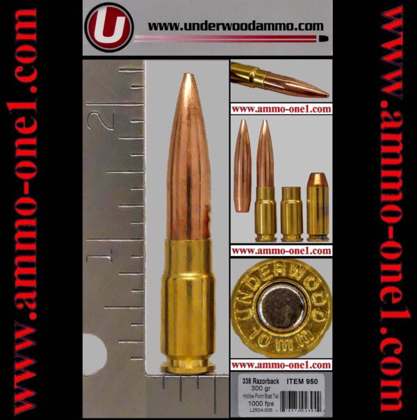 .338 razorback wildcat by underwood ammo company, usa, “live”, one cartridge not a box.