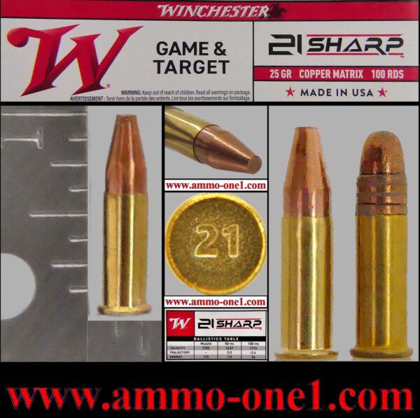 .21 sharp™ rimfire cartridge by winchester, 25 grain “copper matri” one cartridge, not the box! new for late 2024.