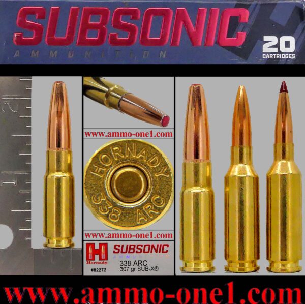 .338 arc by hornady (new for very late 2024/early 2025) subsonic; massive 307 grain sub x projectile. one cartridge not a box!